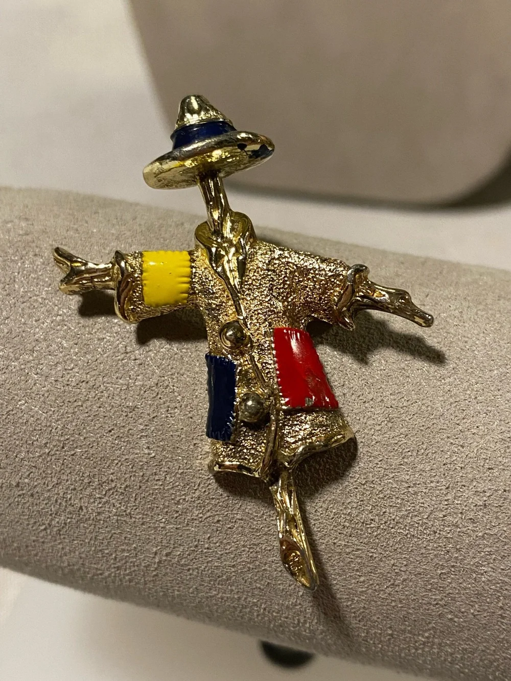 Sarah Coventry “Patches” Scarecrow Pin with Red, Blue & Yellow Enamel 1969